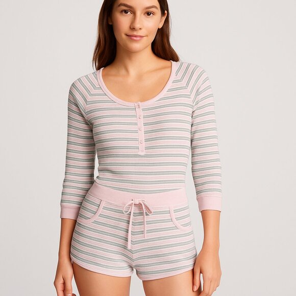 Victoria's Secret Medium Pink Grey Waffle Knit Stripe Cozy Henley Romper Pajamas - Picture 1 of 10
